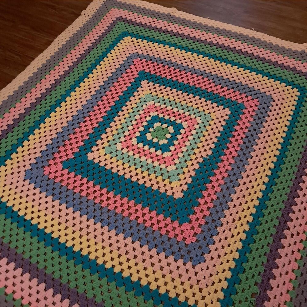 Handmade Crochet Granny Square Sofa Throw Blanket Pink Green White Blue